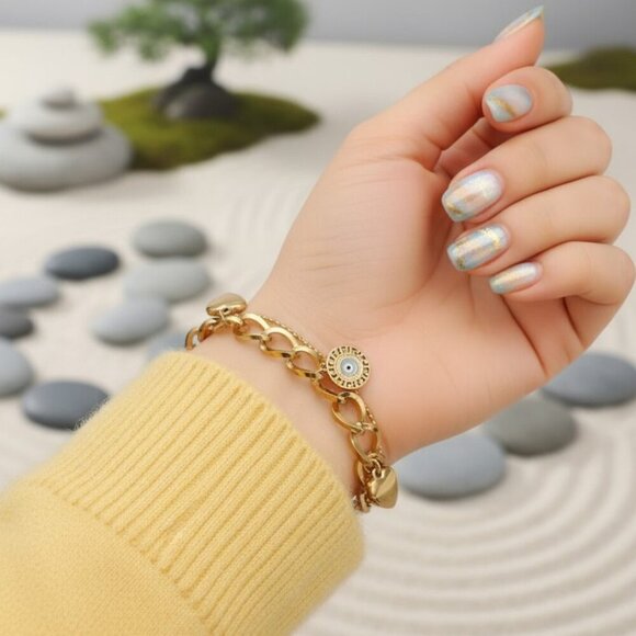 Double Chain 18K Gold Plated Stainless Steel Bracelet with Heart Evil Eye - Picture 9 of 12